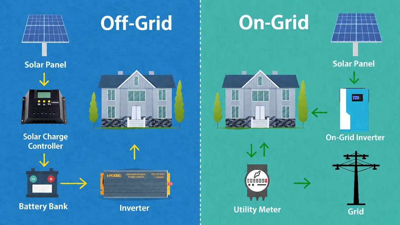 Off-grid and on-grid solar power system diagram